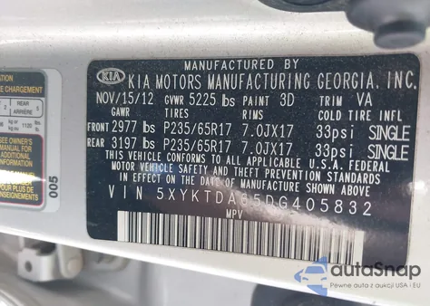 2013 Kia Sorento Lx from USA, damaged, VIN 5XYKTDA65DG405832